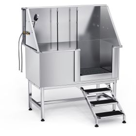 Stainless Steel Dog Washing Station 50 Inch Pet Grooming Tub with Low-Slope Non-Slip Stairs, Hot & Cold Faucet, Showerhead, Home Wash Sink